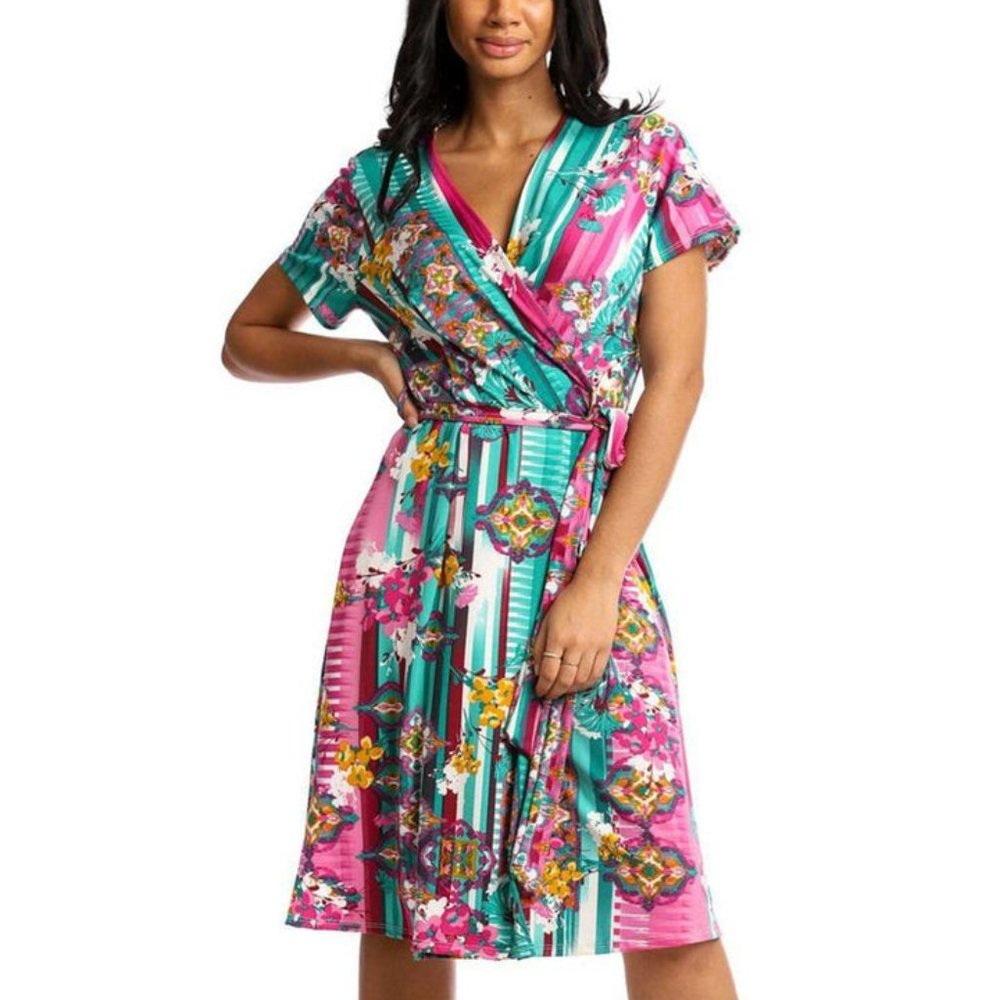 Women's Wrapped Style Relaxed Fit Short Sleeves Side Waist Midi Dress NWT